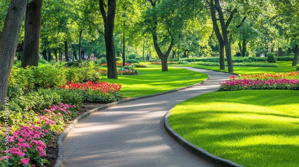 Serene Park Path Winding Through Lush Greenery And Flowers Serene Park Path Winding Through Lush Greenery And Flowers