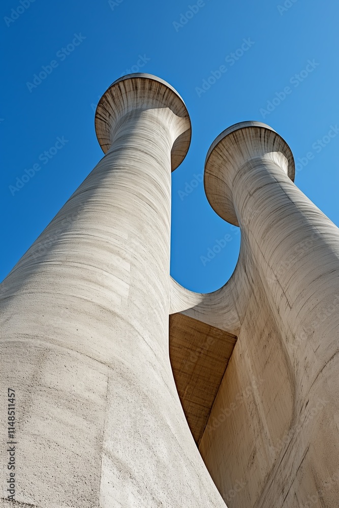 Tall concrete towers rise against a clear blue sky, low-angle view. Concrete pillars soar against a clear blue sky and modern design. Tall concrete towers rise against a clear blue sky, low-angle view. Concrete pillars soar against a clear blue sky and modern design.