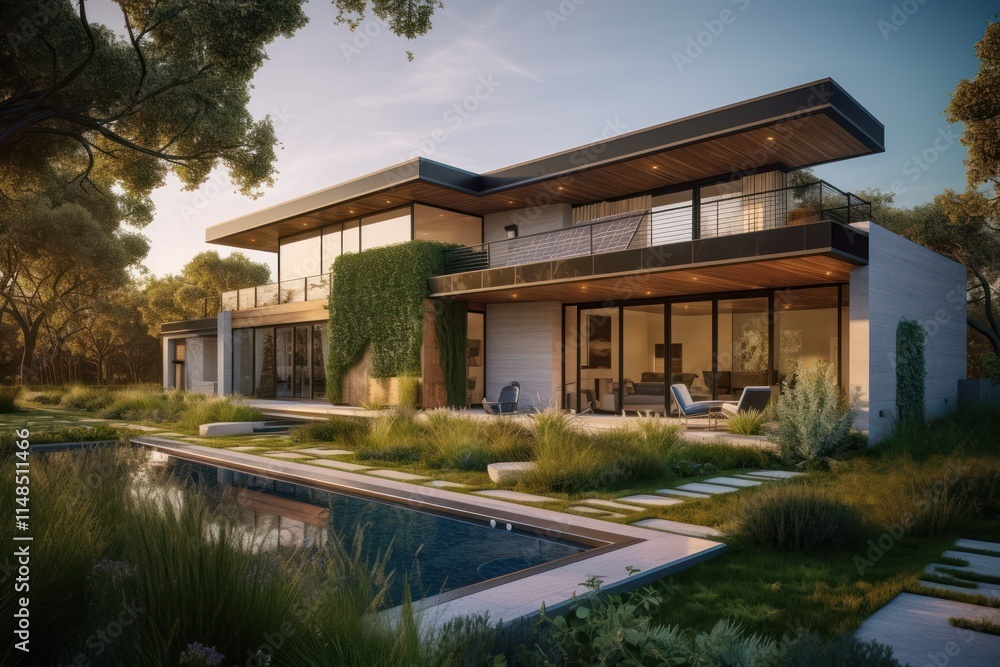 Modern House with Pool and Lush Landscaping Modern House with Pool and Lush Landscaping