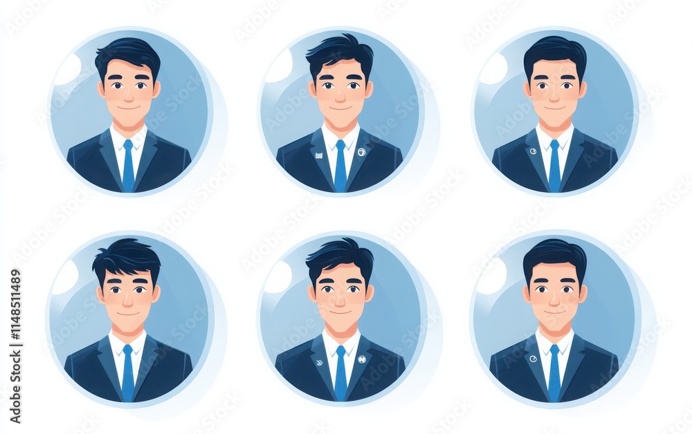 A collection of minimalist portrait icons featuring business professionals in flat design, with round backgrounds and front-facing views. A collection of minimalist portrait icons featuring business professionals in flat design, with round backgrounds and front-facing views.