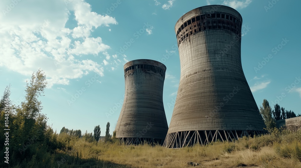 Cooling towers rise against a clear blue sky in an abandoned industrial area. Tall cooling towers stand amidst overgrown grass and trees under sunny sky. Cooling towers rise against a clear blue sky in an abandoned industrial area. Tall cooling towers stand amidst overgrown grass and trees under sunny sky.
