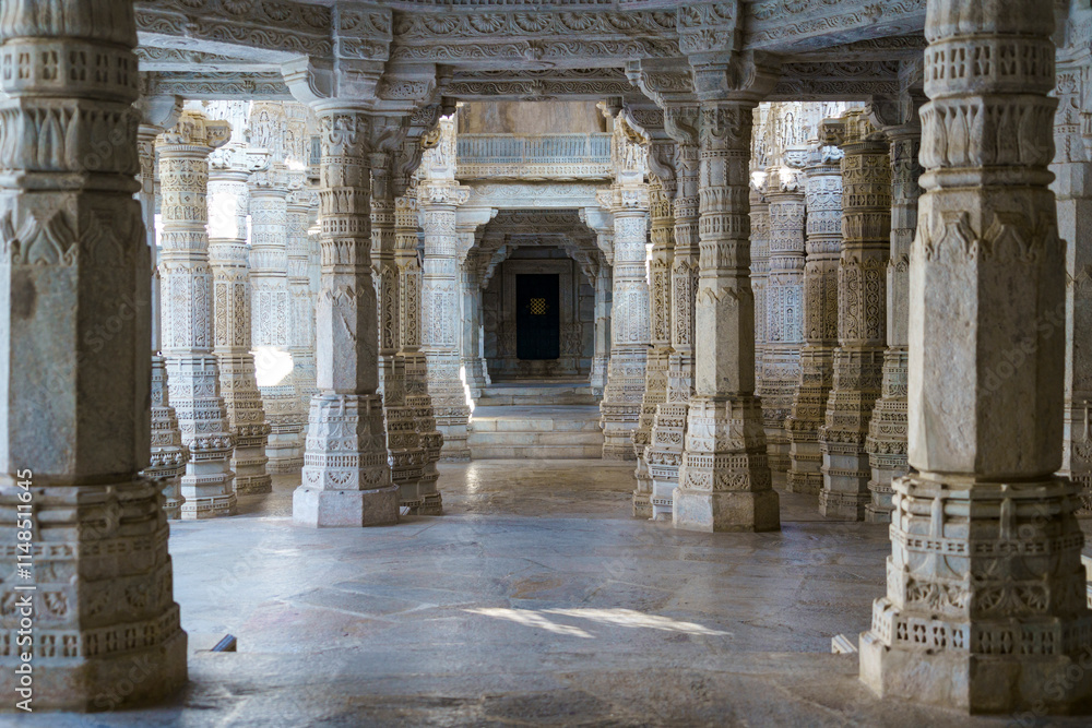 India. Rajasthan state. Ranakpur. Chaumukha Temple, also called the Ranakpur Temple dedicated to Lord Adinatha. Interior of the temple with its many pillars India. Rajasthan state. Ranakpur. Chaumukha Temple, also called the Ranakpur Temple dedicated to Lord Adinatha. Interior of the temple with its many pillars