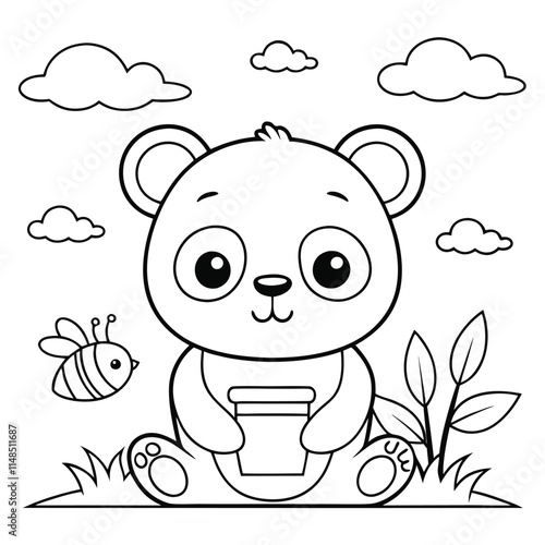 A bear is sitting in a grassy area with a cup in its paws. A bee is flying nearby