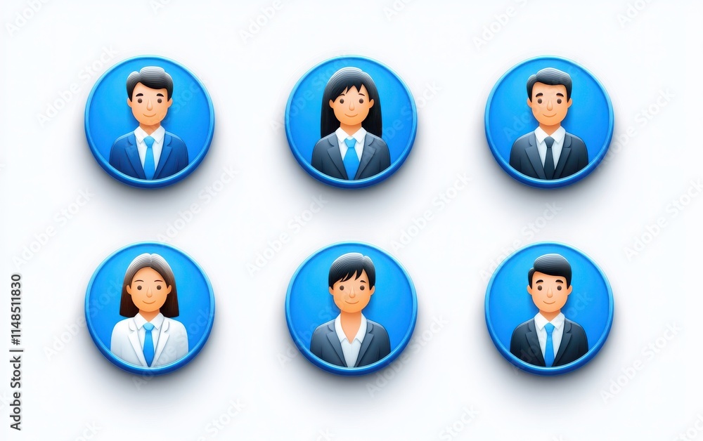 A set of clean and simple portrait icons, showing people in business attire, with a round background and front view. Each avatar has color details with white and blue accents. A set of clean and simple portrait icons, showing people in business attire, with a round background and front view. Each avatar has color details with white and blue accents.