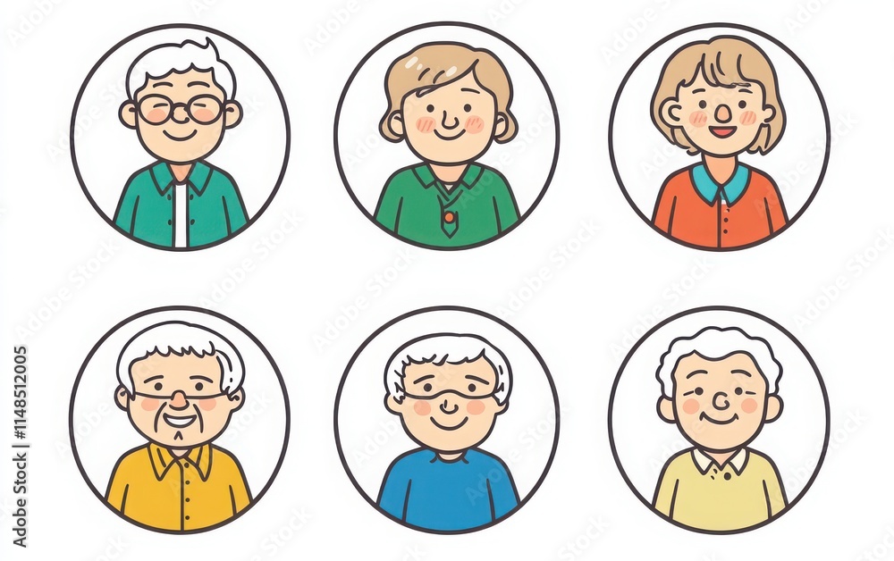 A set of elderly people avatars in simple line art, placed within round frames and designed with clean, sharp inking. A set of elderly people avatars in simple line art, placed within round frames and designed with clean, sharp inking.