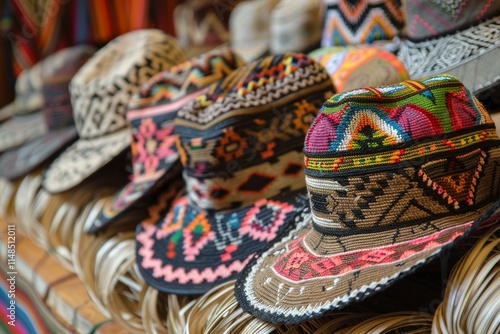 Colorful andean hats showing traditional patterns in a peruvian market photo