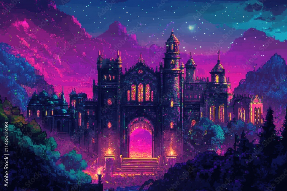 Fototapeta premium Pixel Art Castle Under a Starry Night Sky