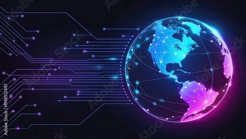 Futuristic Digital Illustration of a Stylized Globe with Interconnected Points and Circuits