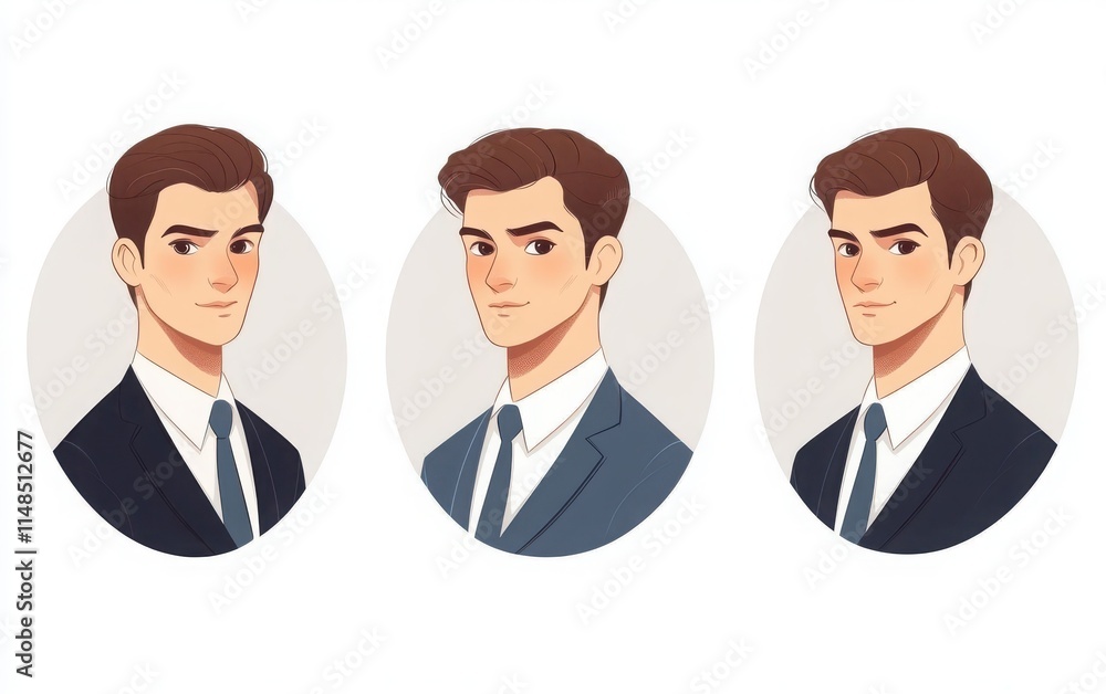 A set of professional business portrait icons, with round backgrounds and front-facing profiles. The avatars are dressed in business attire, featuring subtle white and blue color accents. A set of professional business portrait icons, with round backgrounds and front-facing profiles. The avatars are dressed in business attire, featuring subtle white and blue color accents.