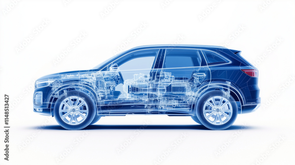 Fototapeta premium realistic of a modern diesel car with semi transparent features, allowing a clear view of the engine