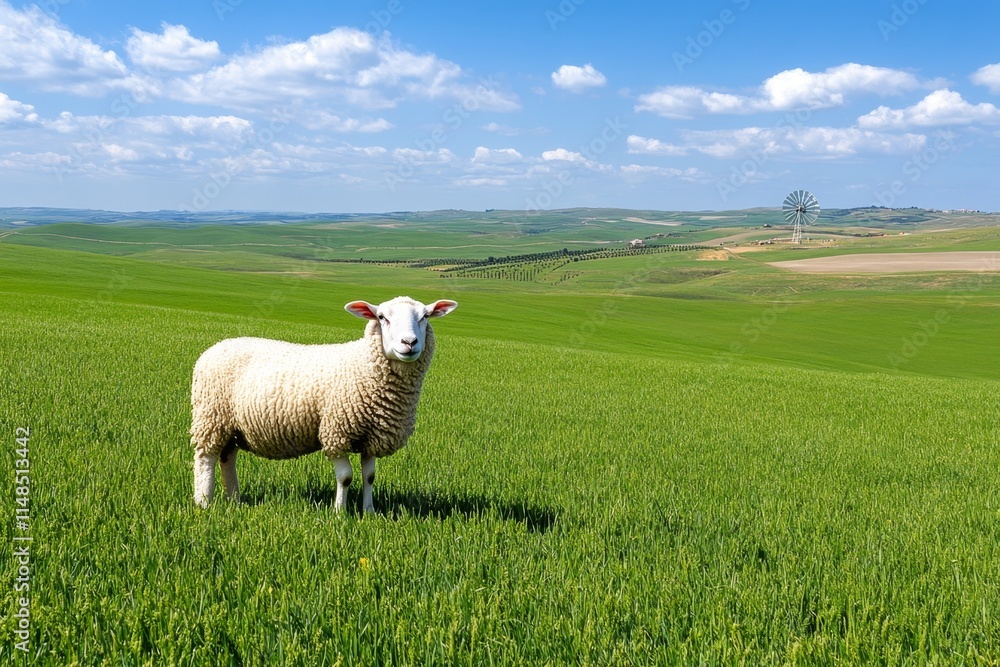 Fototapeta premium A peaceful countryside view with rolling green hills, a traditional windmill, and grazing sheep in the distance