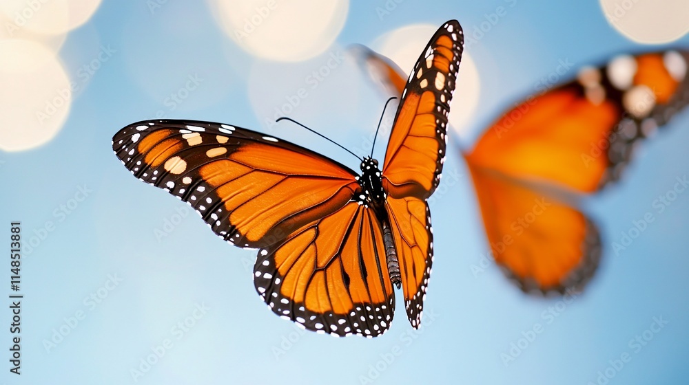 Obraz premium Two vibrant monarch butterflies in flight against a soft blue bokeh background.