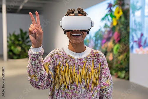 A person wearing a quirky, pixelated sweater and VR goggles, immersed in a colorful virtual world projected around them photo