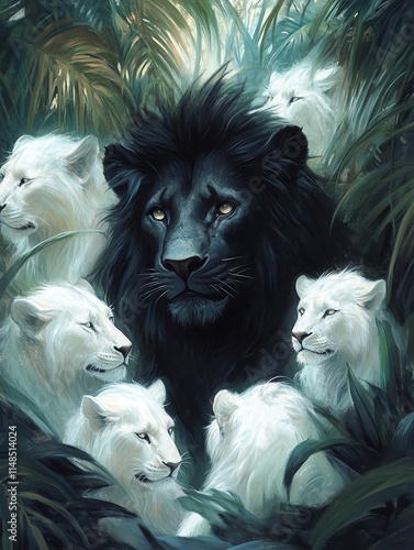 A majestic black lion surrounded by white lions in a lush, vibrant jungle setting, showcasing unity and strength. photo