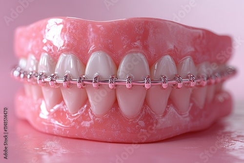 A close-up of a dental model with braces, showcasing orthodontic treatment.