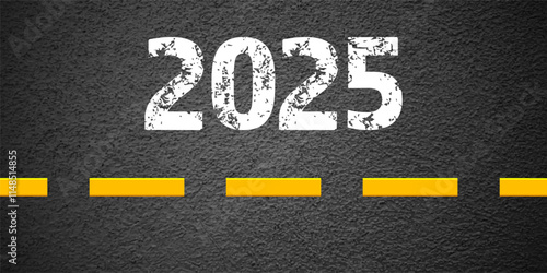 Asphalt road with yellow lane marking, concrete highway surface, texture. New year 2025. Street traffic line, road dividing strip. Pattern grainy structure, grunge background. Vector illustration