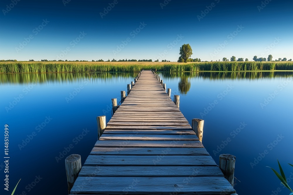 Fototapeta premium Old wooden pier extending into a calm lake, reflecting the serene surroundings under a clear blue sky.