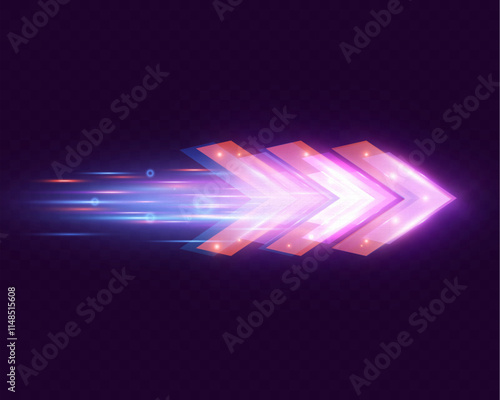 Purple glowing arrows with motion blur effect on transparent background, futuristic design, concept of speed and technology, suitable for digital and sci-fi themes.
