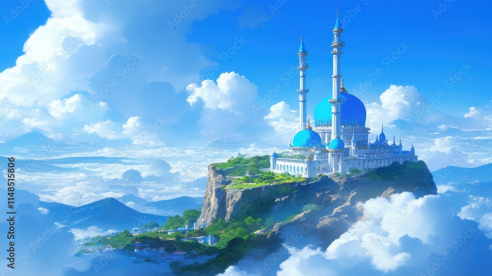 Obraz premium Illustration of Grand Mosque on High Mountain Peak Surrounded by Clouds and Clear Blue Sky. Anime style 