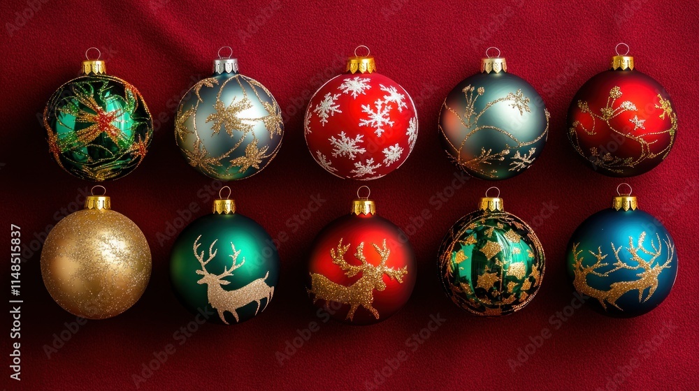 Ten Christmas balls in a harmonious blend of colors and finishes, adorned with holiday patterns such as reindeer, snowflakes, and ribbons. Ten Christmas balls in a harmonious blend of colors and finishes, adorned with holiday patterns such as reindeer, snowflakes, and ribbons.