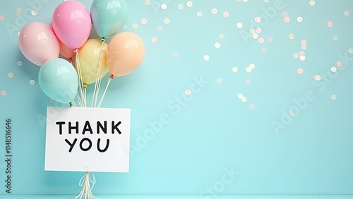 Floating Thank You Sign with Colorful Balloons and Confetti