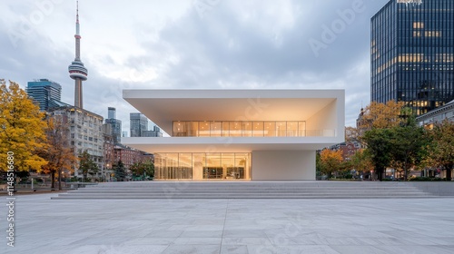 Modern white building with city skyline backdrop at dusk.