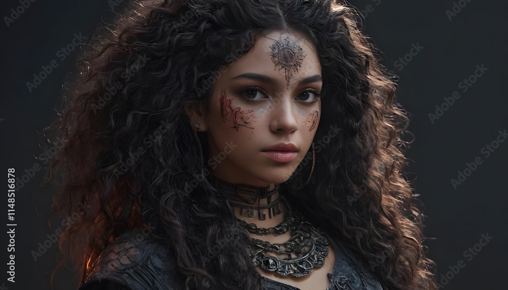 A captivating woman with dark curly hair and ornate adornments gazes directly ahead her face adorned with intricate markings A captivating woman with dark curly hair and ornate adornments gazes directly ahead her face adorned with intricate markings