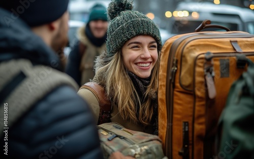 A burst of laughter amidst luggage; friends reunite, joy evident in their smiles, embarking on a new adventure together. photo