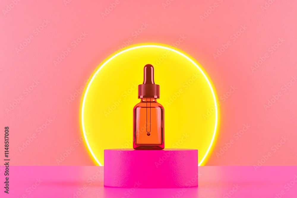 Naklejka premium Stylish amber dropper bottle against a vibrant pink backdrop and glowing circle.