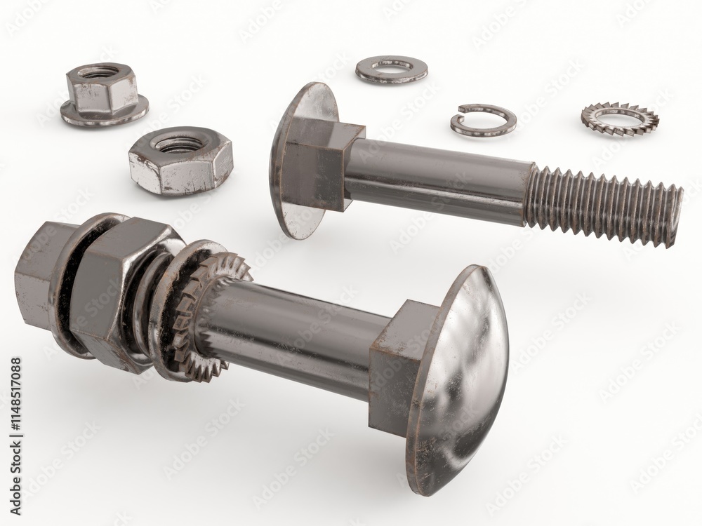 3D rendering of bolts and nuts, washers on a light background. 3D rendering. 3D rendering of bolts and nuts, washers on a light background. 3D rendering.
