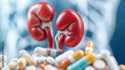 Red kidneys model with anatomical structures stand above colorful pills, capsules. Medicine, renal health interconnected. Diuretic medications impact kidney function. Medical illustration for health