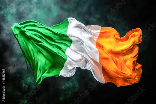 Irish tricolour flag in green, white, and orange flows gracefully against a dark emerald background, embodying the spirit of St. Patrick's Day and Ireland national celebration.