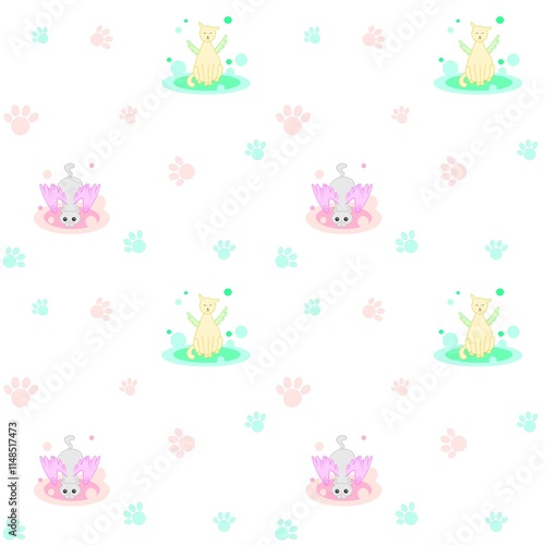 Soft cats seamless pattern, fantasy winged cats