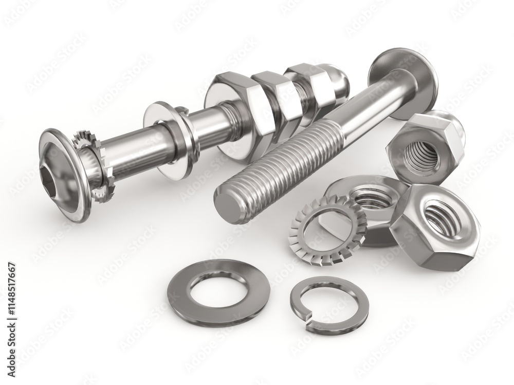 3D rendering of bolts and nuts, washers on a light background. 3D rendering. 3D rendering of bolts and nuts, washers on a light background. 3D rendering.