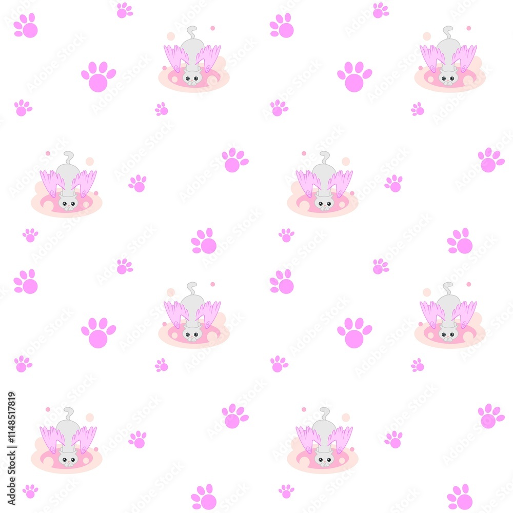 Soft cats seamless pattern, fantasy winged cats Soft cats seamless pattern, fantasy winged cats