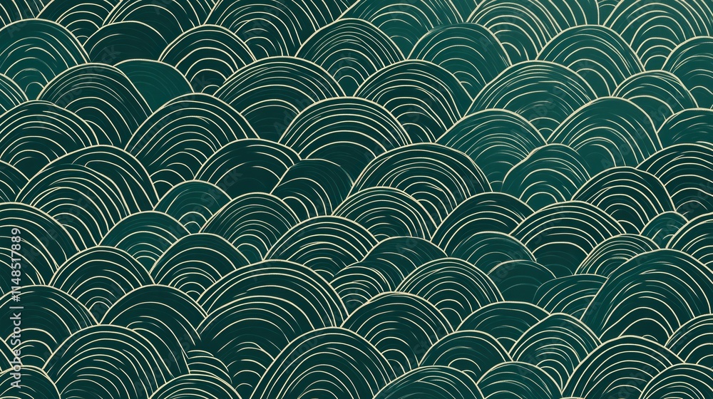 Traditional seigaiha-inspired green wave pattern with crisp, thin outlines in alternating forest green and mint tones. Traditional seigaiha-inspired green wave pattern with crisp, thin outlines in alternating forest green and mint tones.