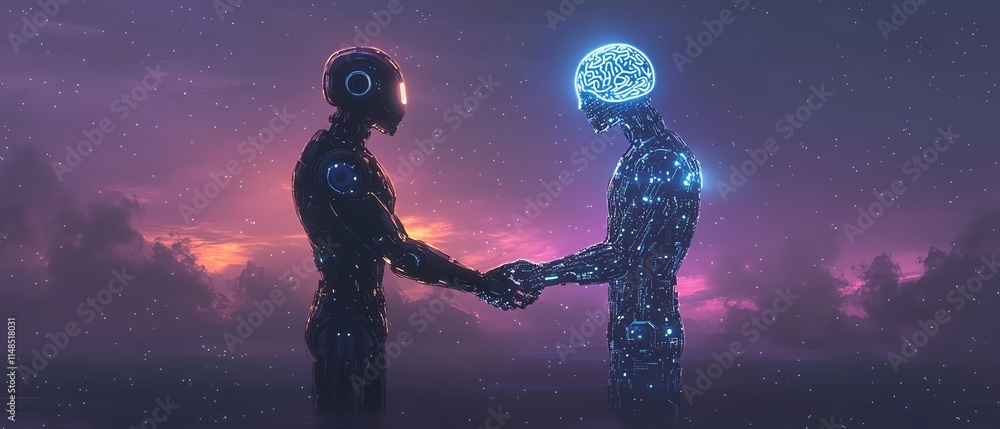 Obraz premium Human and robot handshake, AI brain hologram icons Ai generative illustration