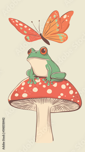 Groovy Frog Butterfly on Mushroom Retro Psychedelic Doodle Illustration Vector Art