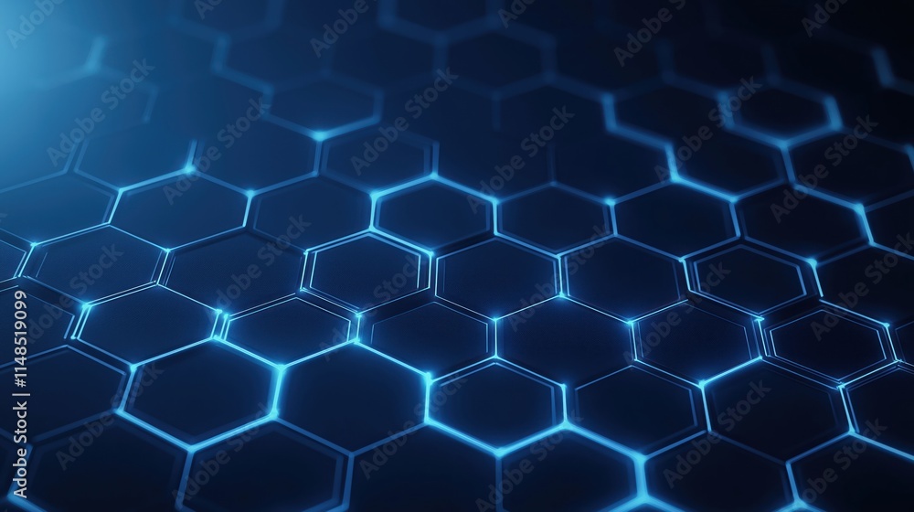 Abstract futuristic pattern with glowing blue hexagons. Modern tech design. Glowing lines connect hexagons. Dark background. Vibrant blue. Geometric shape. Network structure. Digital illustration. Abstract futuristic pattern with glowing blue hexagons. Modern tech design. Glowing lines connect hexagons. Dark background. Vibrant blue. Geometric shape. Network structure. Digital illustration.