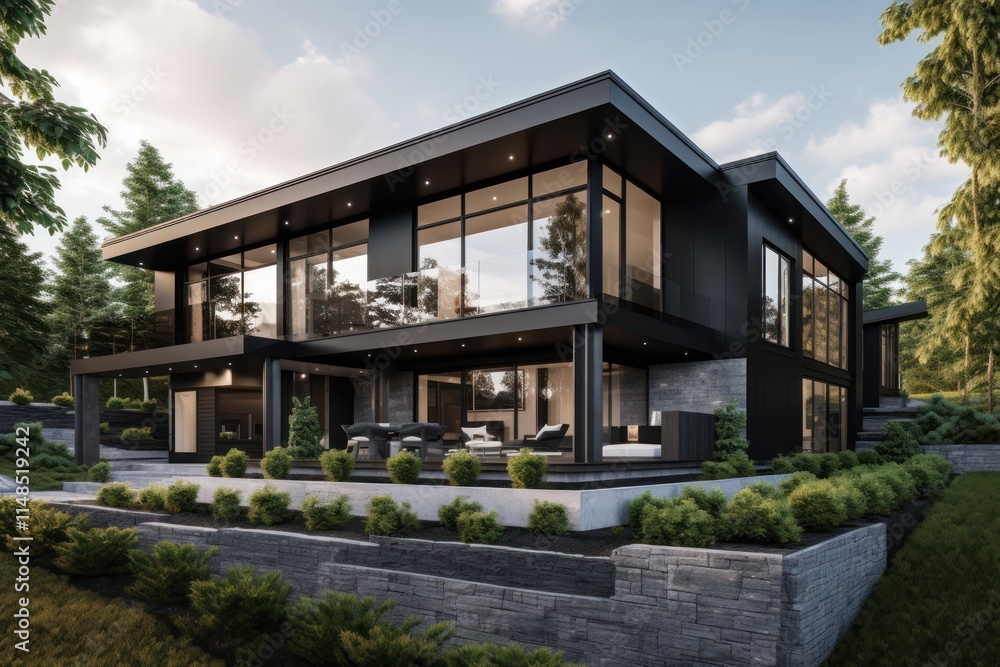 Modern Black House nestled in a lush green landscape Modern Black House nestled in a lush green landscape