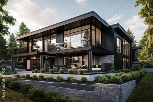 Wallpaper Mural Modern Black House nestled in a lush green landscape Torontodigital.ca