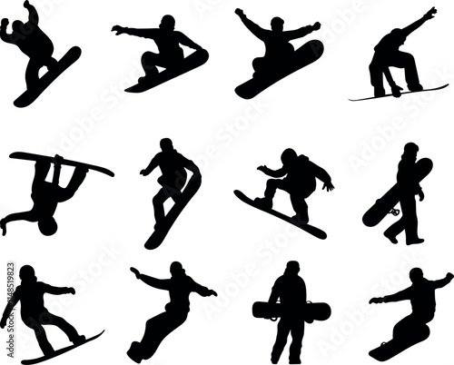 Set of vector illustrations of snowboarding silhouettes