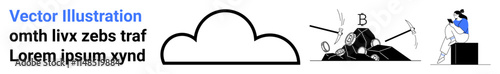 Cloud shape outline, left-aligned blue text block, person mining rocks marked with letters, person seated with laptop, reading. Ideal for technology, workflow, data, cloud storage internet mining