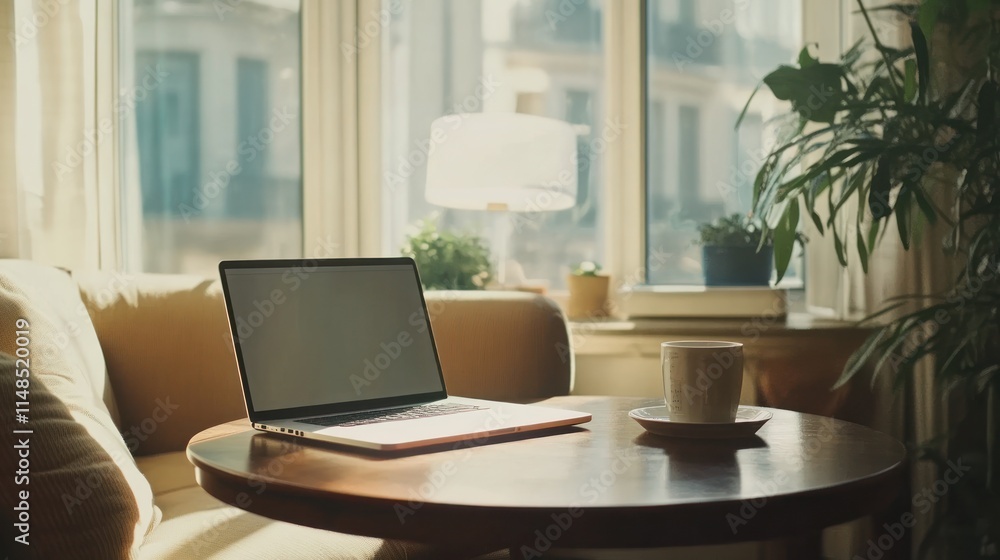 Laptop, coffee, and plants on a table by a sunny window. Laptop, coffee, and plants on a table by a sunny window.
