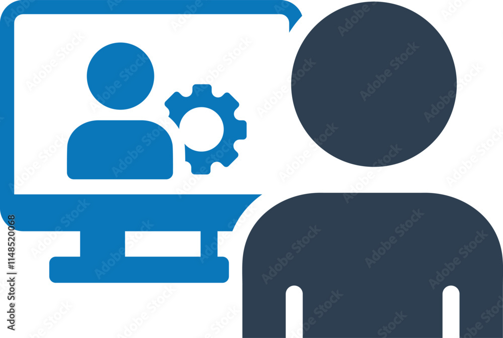 Man is working on the computer icon Man is working on the computer icon