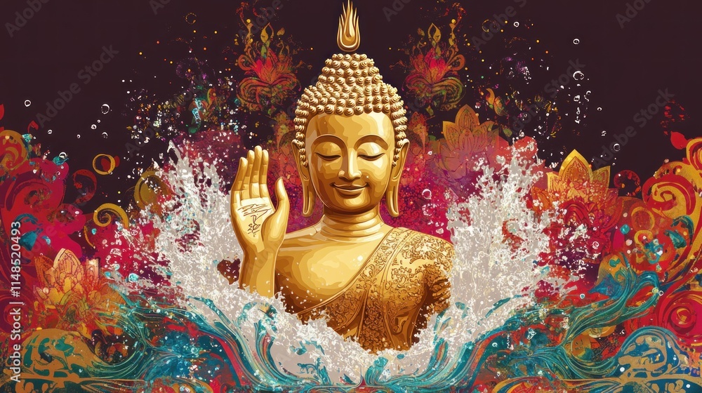 Obraz premium Vector art of a Golden Buddha statue with a hand splashing water, accompanied by Thai patterns and vibrant Songkran Festival elements.