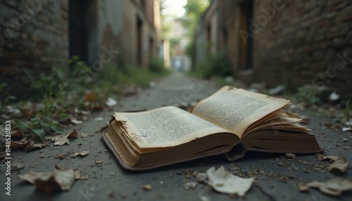 Ripped pages of an old book scattered by the wind on a cracked alley sidewalk