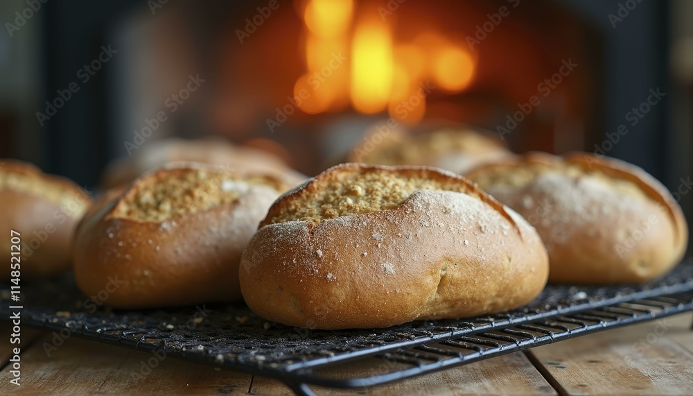 Freshly baked bread cooling on a wooden table with the warm glow of an oven in the background Freshly baked bread cooling on a wooden table with the warm glow of an oven in the background