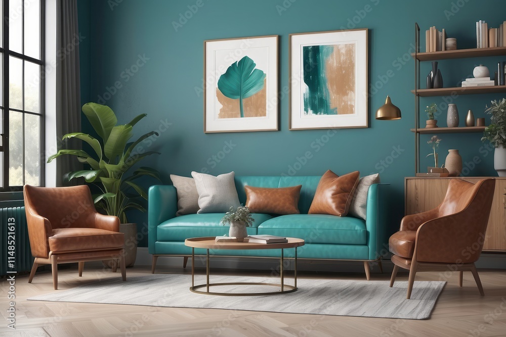 Eclectic Living Room Design With Turquoise Tight Back Sofa And Tan Leather Accent Chair Eclectic Living Room Design With Turquoise Tight Back Sofa And Tan Leather Accent Chair