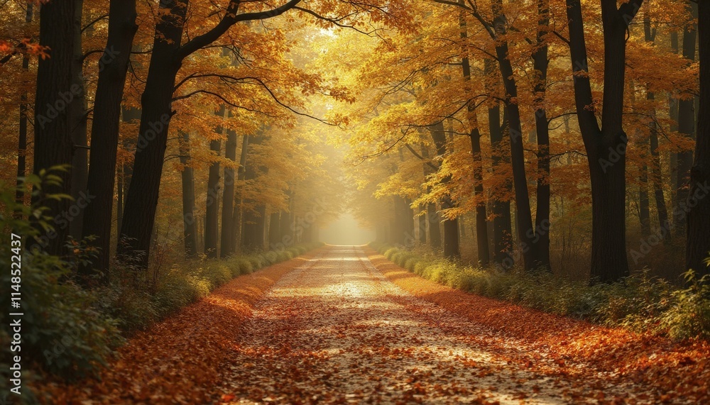 Fototapeta premium Autumn forest path covered in golden leaves with warm sunlight filtering through the trees